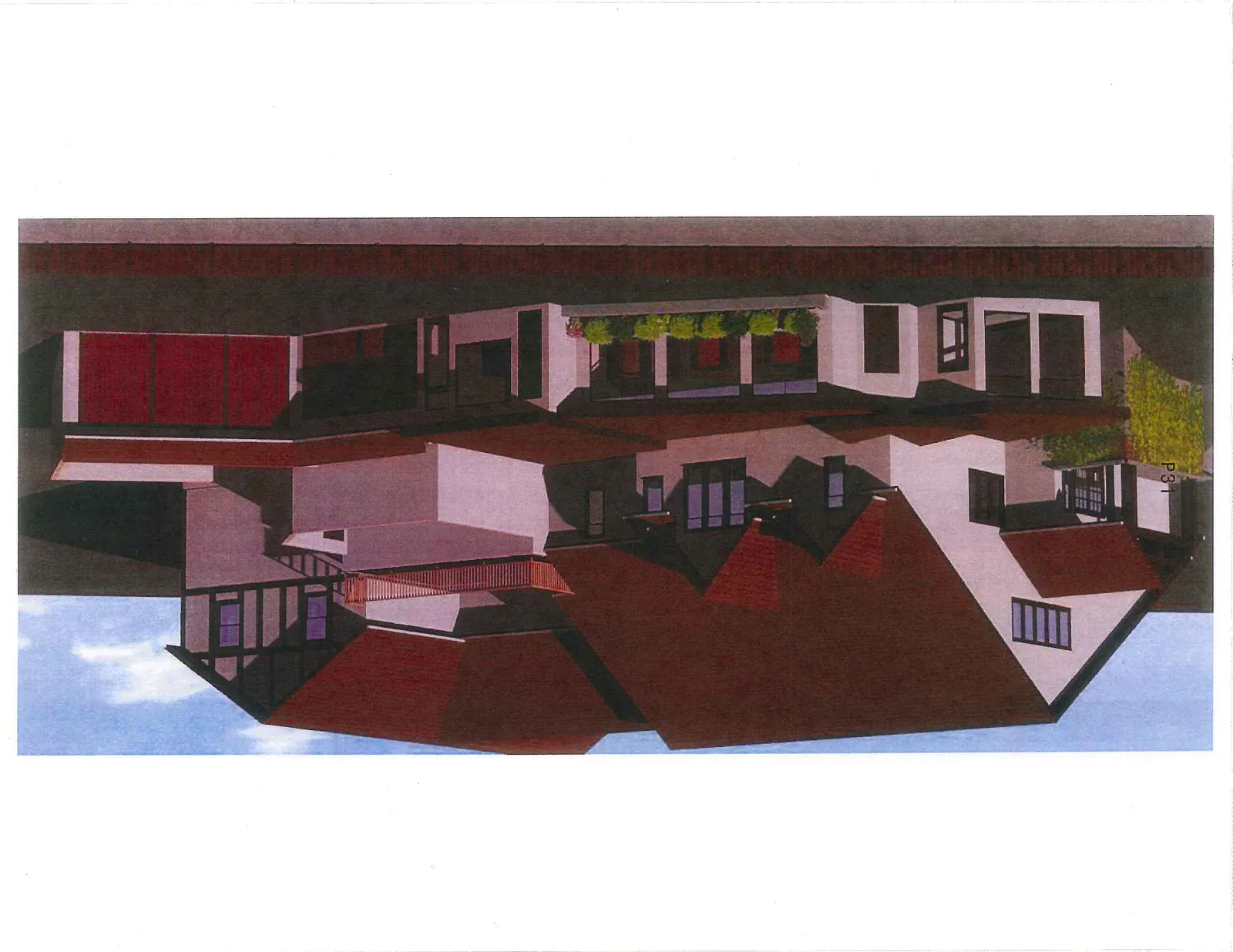3D architectural rendering of house exterior with multi-level rooflines