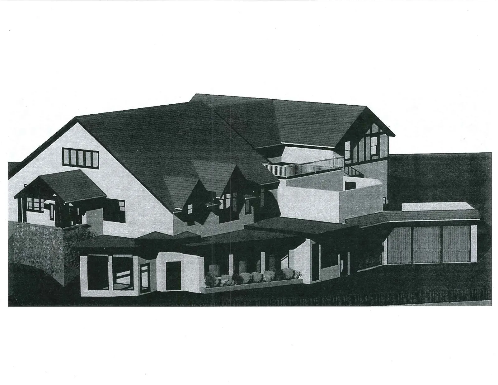 Grayscale 3D architectural rendering of house exterior