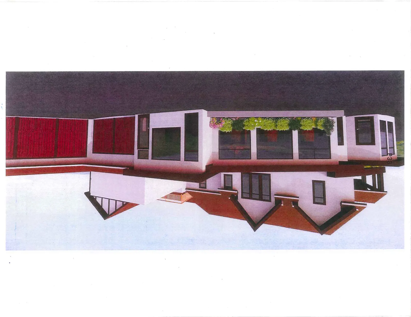 3D architectural rendering of house exterior with large windows and planter boxes