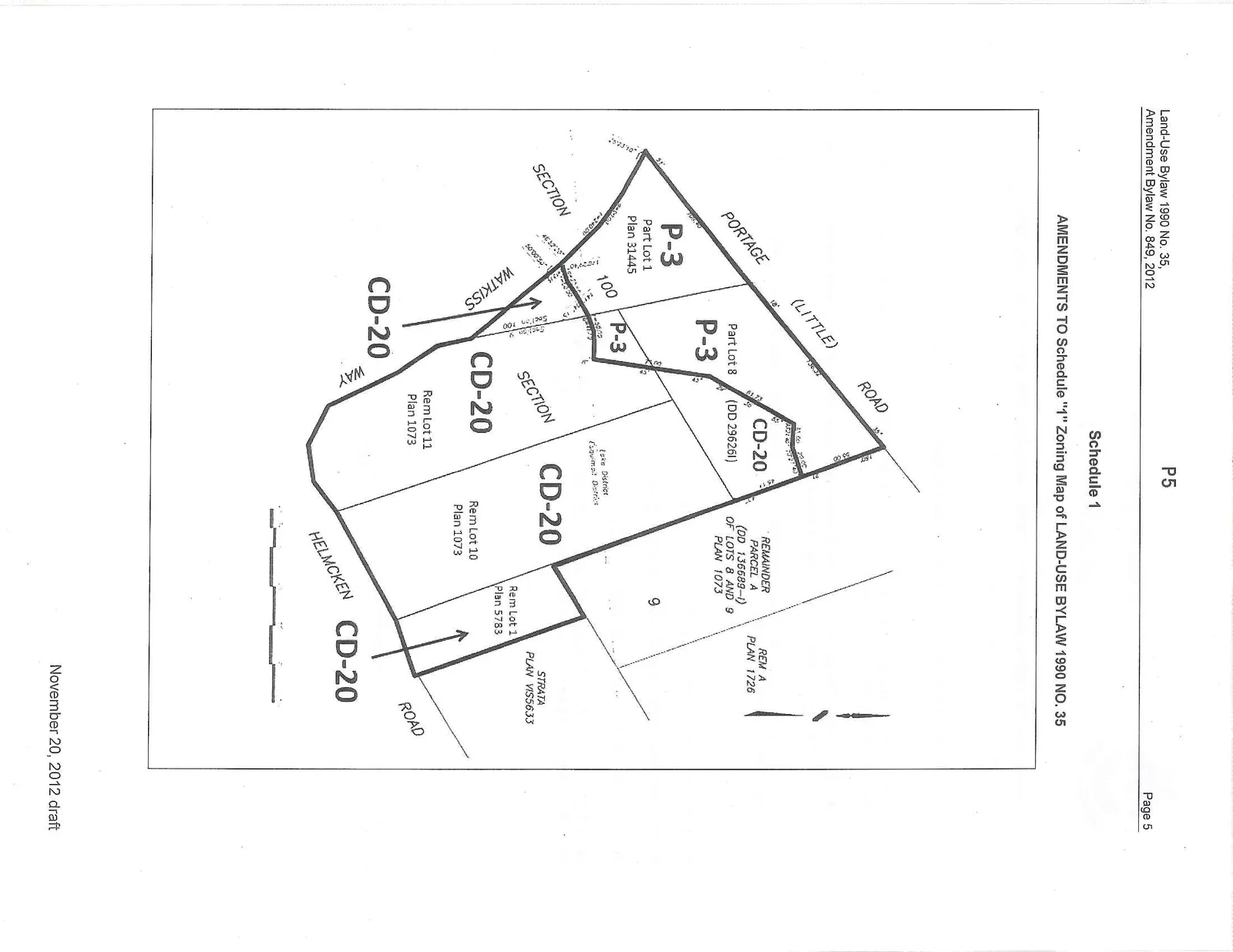 Zoning map diagram illustrating the layout of the proposed CD-20 and P-3 zones relative to Portage (Little) Road, Watkiss Way, and Helmcken Road.