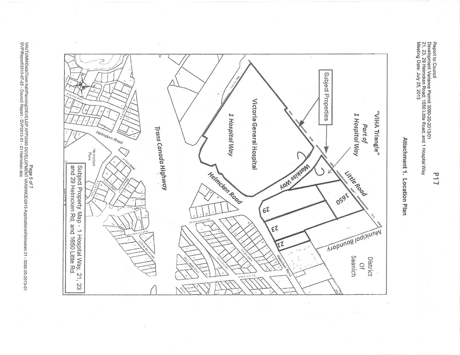 Subject Property Map showing the locations of 1 Hospital Way, 21, 23 and 29 Helmcken Rd, and 1650 Little Rd. The map highlights "VIHA Triangle" (Part of 1 Hospital Way), Victoria General Hospital, and proximity to Watkiss Way, Little Road, the Municipal Boundary with the District of Saanich, and the Trans Canada Highway.