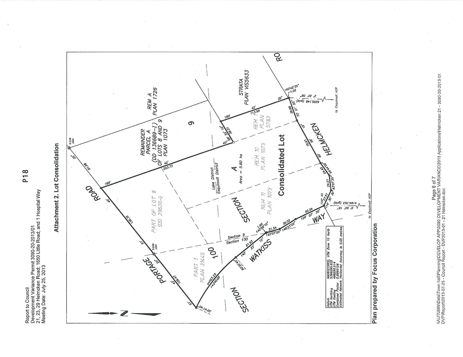 Survey plan showing the proposed consolidation of multiple land parcels into a single "Consolidated Lot" with an area of 5.80 ha, situated between Portage Road, Watkiss Way, and Helmcken Road.