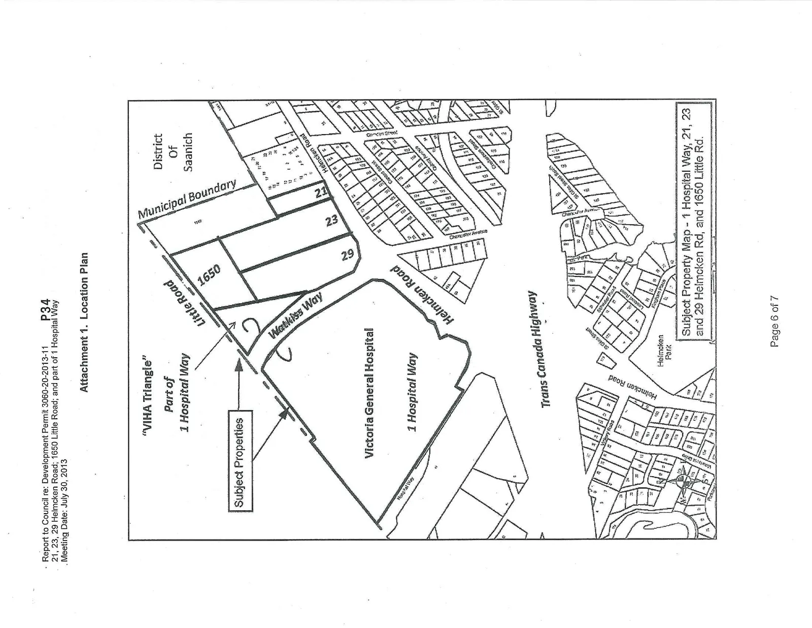 Location Plan map showing the subject properties at 1 Hospital Way, 21, 23, and 29 Helmcken Rd, and 1650 Little Rd in relation to Victoria General Hospital and the Trans Canada Highway