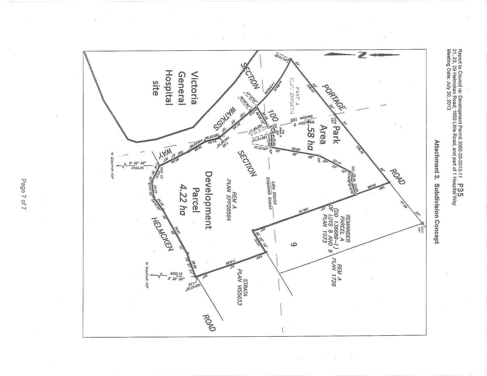 Subdivision Concept survey diagram showing a 0.58 ha Park Area and a 4.22 ha Development Parcel located between Watkiss Way and Helmcken Road