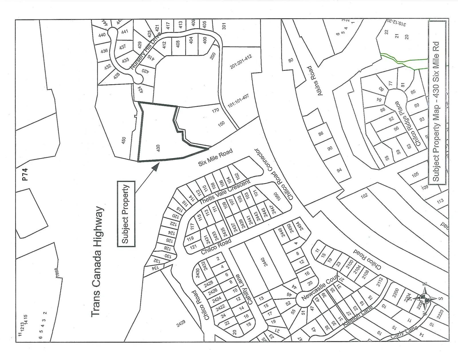 Subject Property Map of 430 Six Mile Rd showing the property's proximity to Trans Canada Highway, Six Mile Road, and Chilco Road