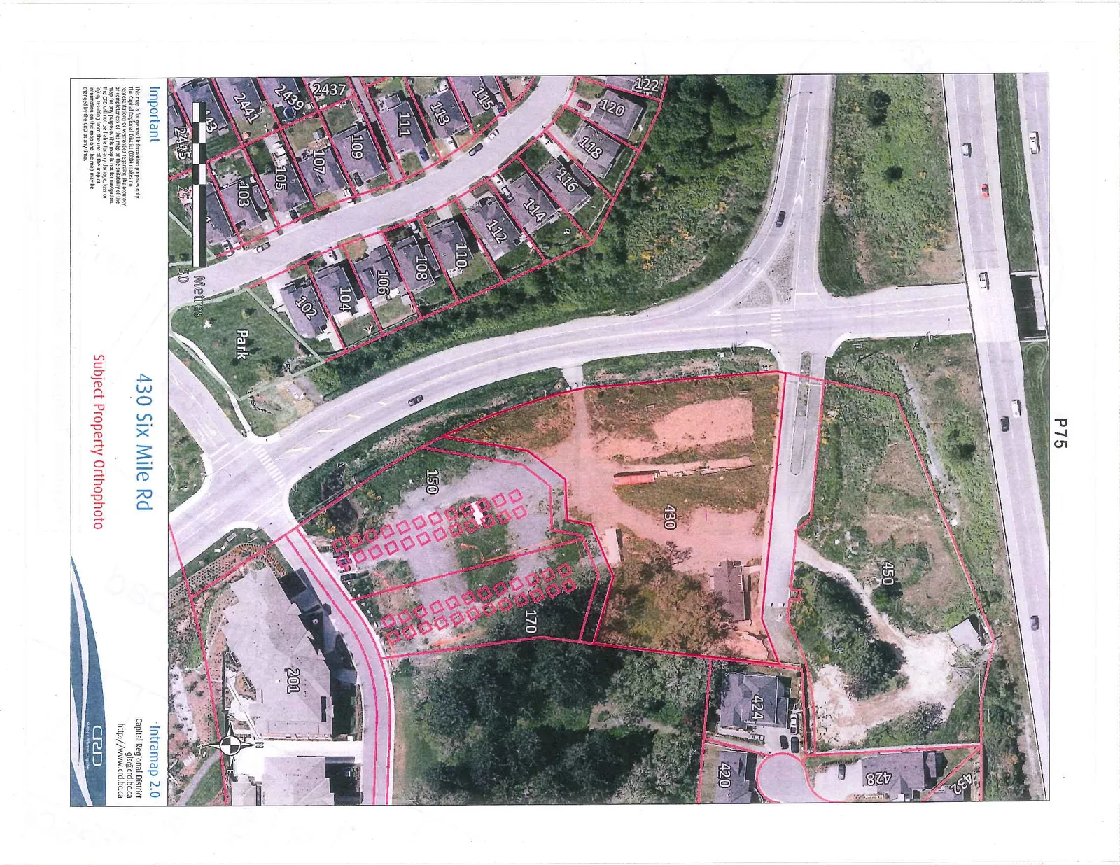 Subject Property Orthophoto showing an aerial view of 430 Six Mile Rd with property boundaries outlined