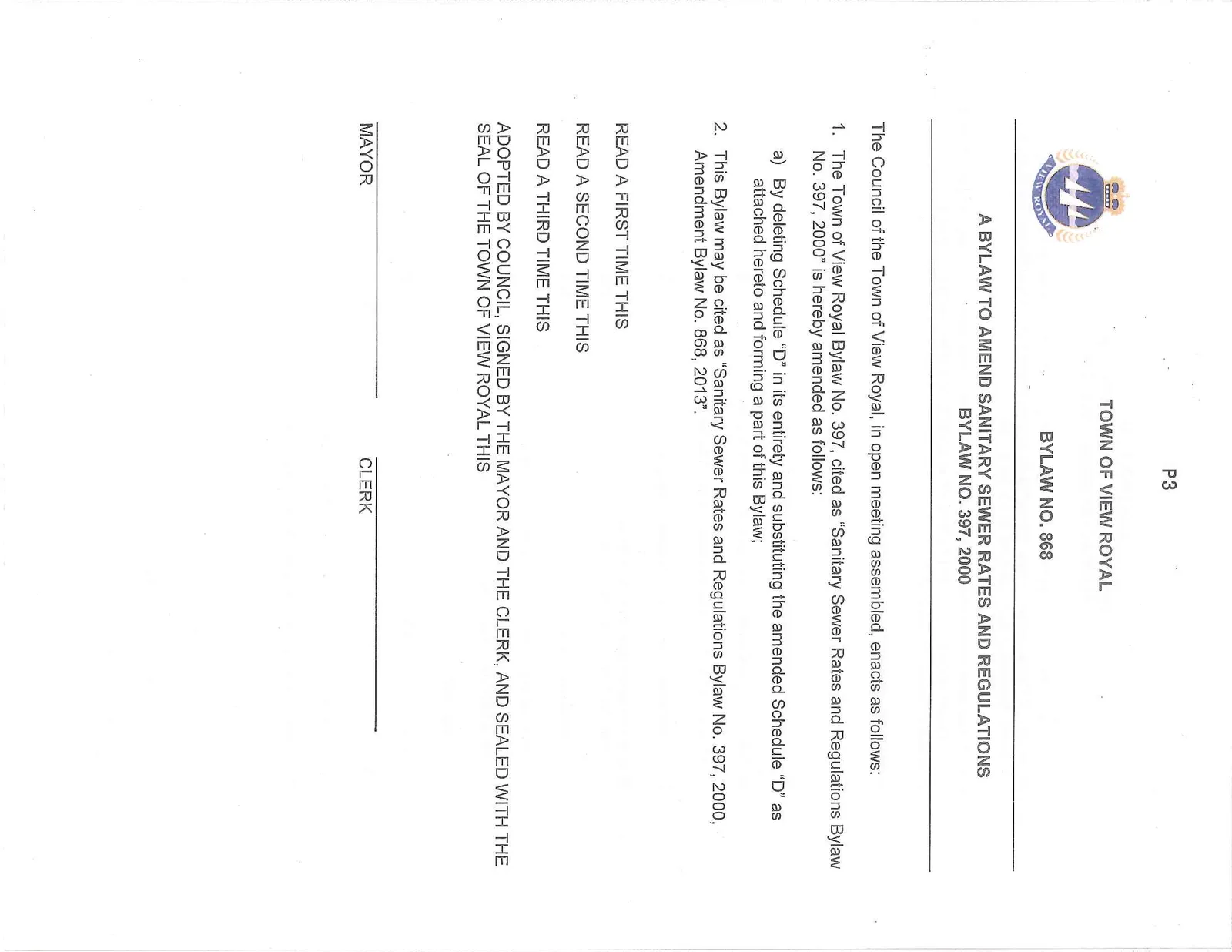 Text of Bylaw No. 868 - A Bylaw to Amend Sanitary Sewer Rates and Regulations Bylaw No. 397, 2000