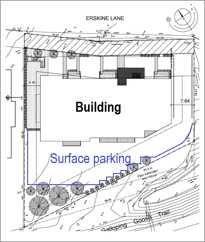 Site plan diagram showing building footprint, surface parking, and road dedication area along Erskine Lane