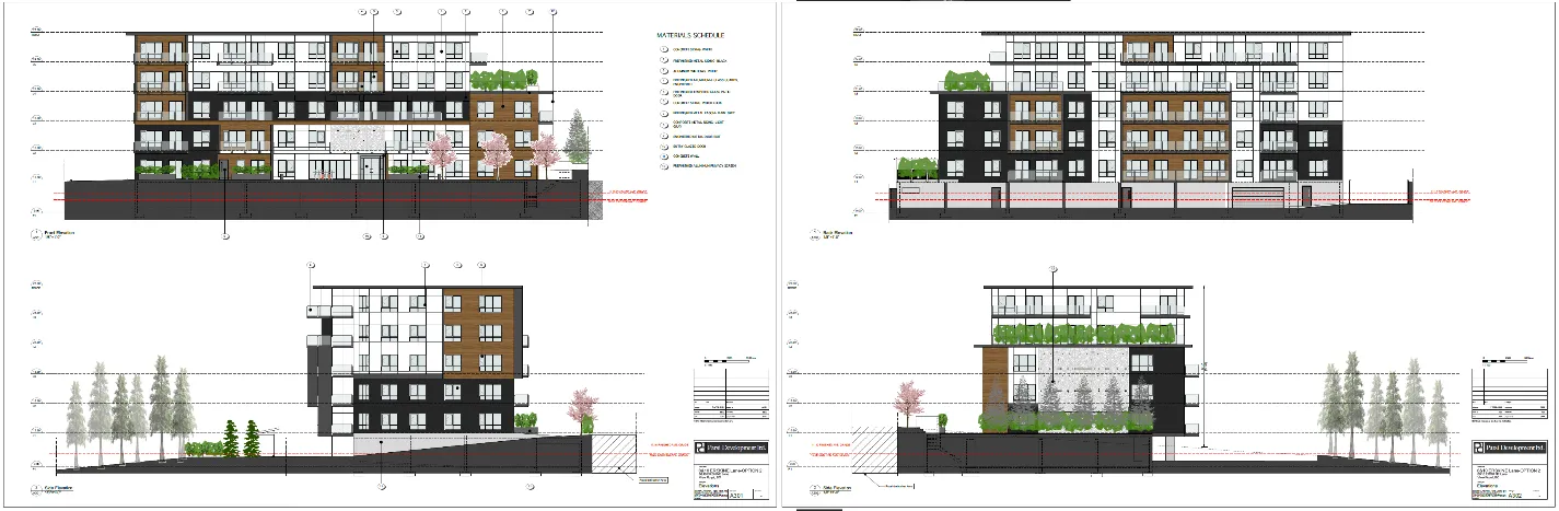 Composite of building elevations showing the Erskine front view, building rear, and two side views