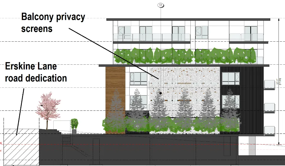Elevation detail highlighting location of balcony privacy screens and Erskine Lane road dedication