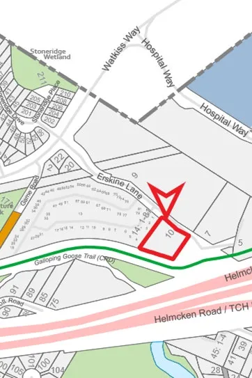 Site location map identifying 10 Erskine Lane in relation to Watkiss Way, Hospital Way, and the Galloping Goose Trail