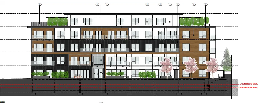 Architectural elevation drawing highlighting the 4th and 5th floor setbacks