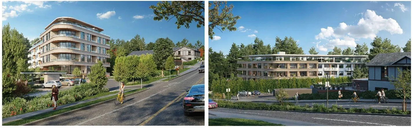 Two perspective renderings showing the building design from street level and an elevated side view