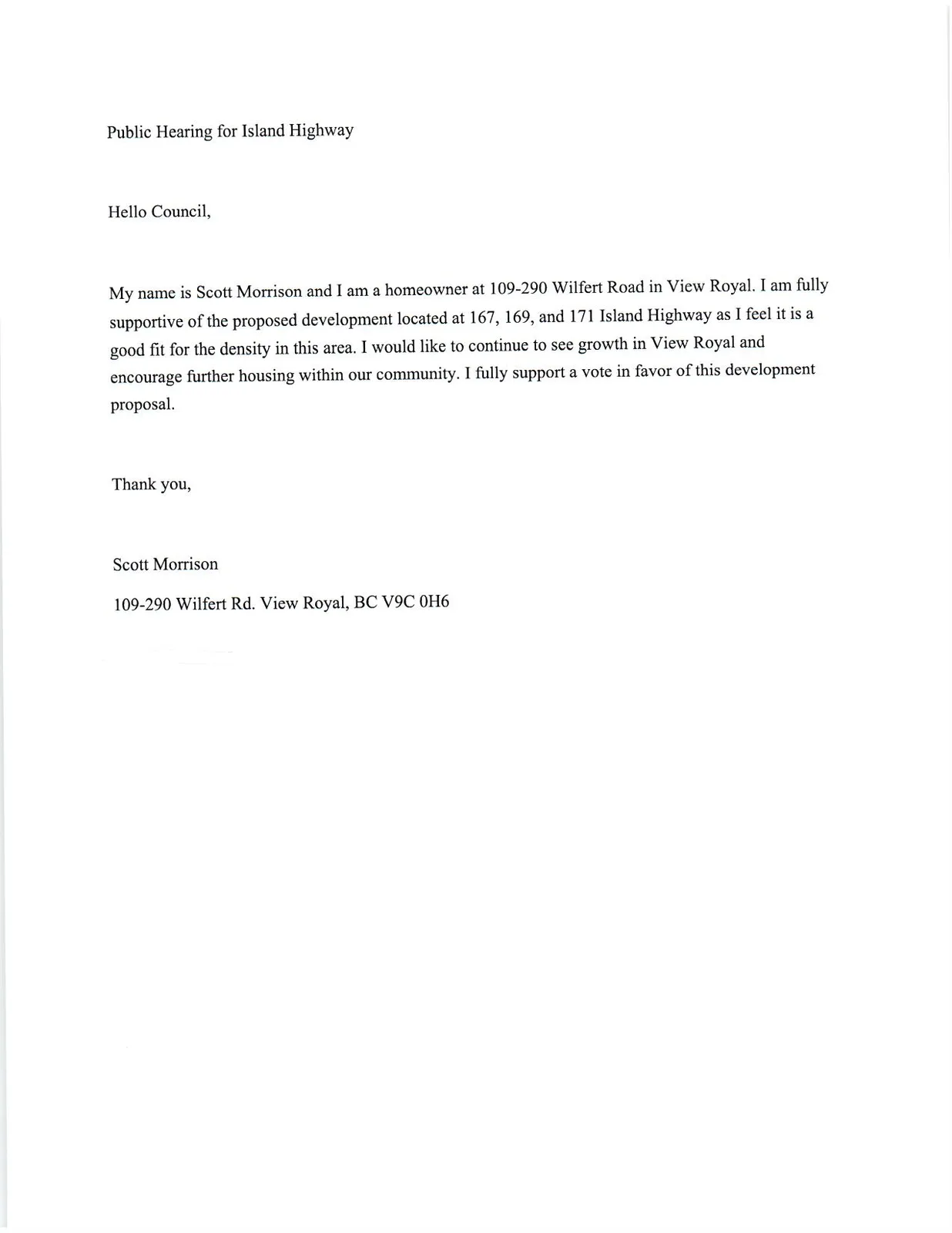 Letter from Scott Morrison regarding support for development at 167, 169, and 171 Island Highway