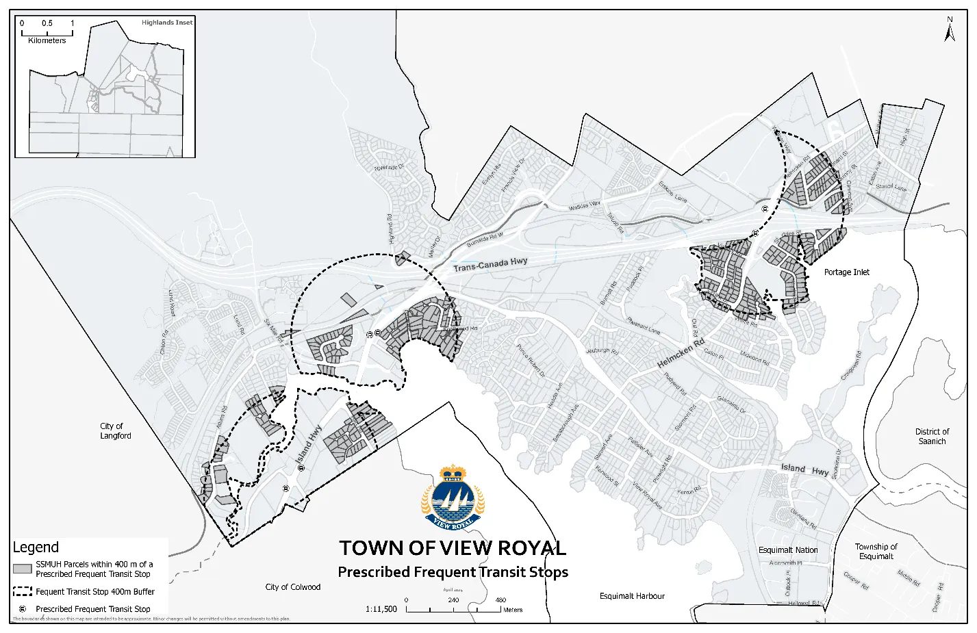 Map of the Town of View Royal showing prescribed frequent transit stops and the 400m buffer zones around them. The map identifies SSMUH parcels within these buffers and includes an inset for the Highlands area.