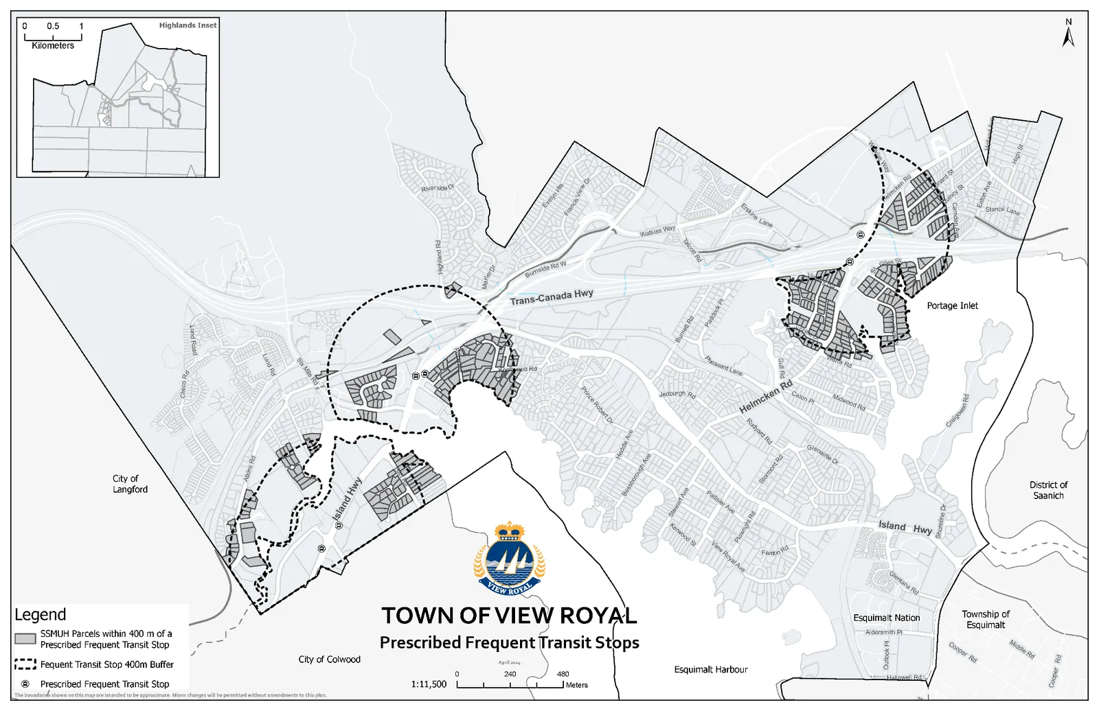 Map of the Town of View Royal titled "Prescribed Frequent Transit Stops." The map displays frequent transit stop locations, a 400m buffer zone around each stop, and SSMUH parcels located within those buffers. Geographic features include the Trans-Canada Highway, Island Highway, Helmcken Road, Portage Inlet, and Esquimalt Harbour. An inset map showing the Highlands area is included in the upper left corner.