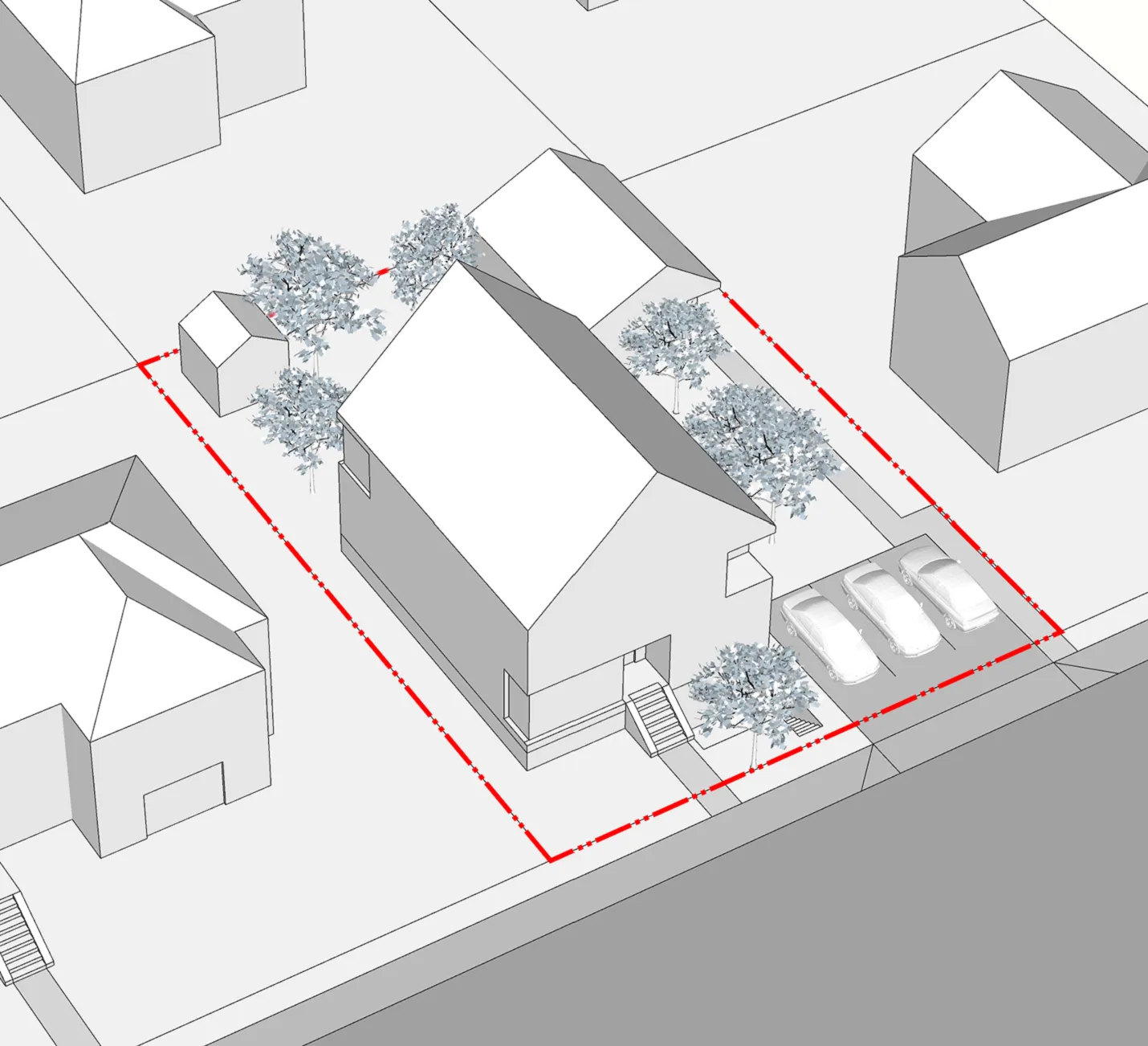 3D architectural rendering of a detached residential property with a main house, secondary suite, and garden suite on a medium lot.