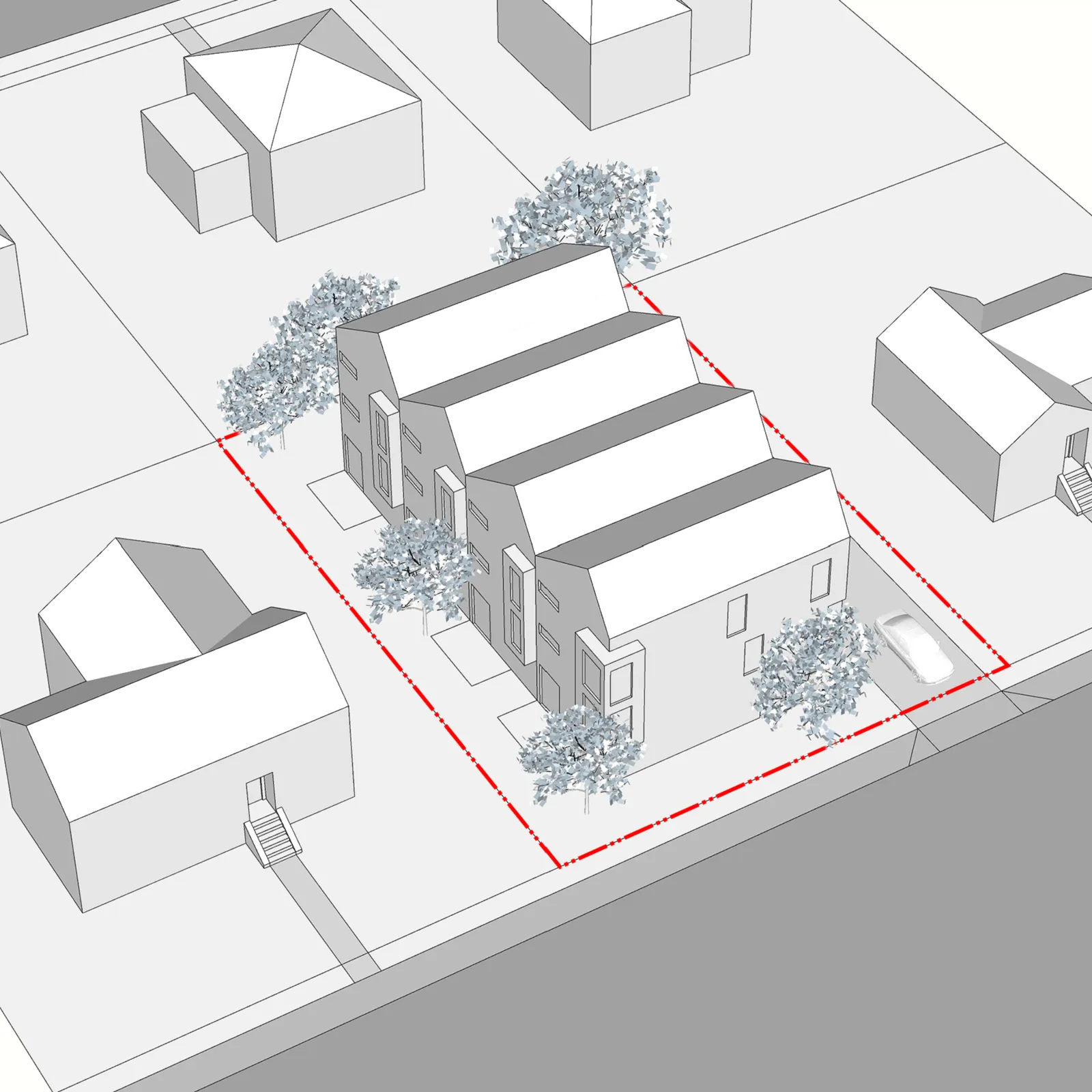 3D architectural rendering of a four-unit townhouse row on a medium lot featuring integrated garages.
