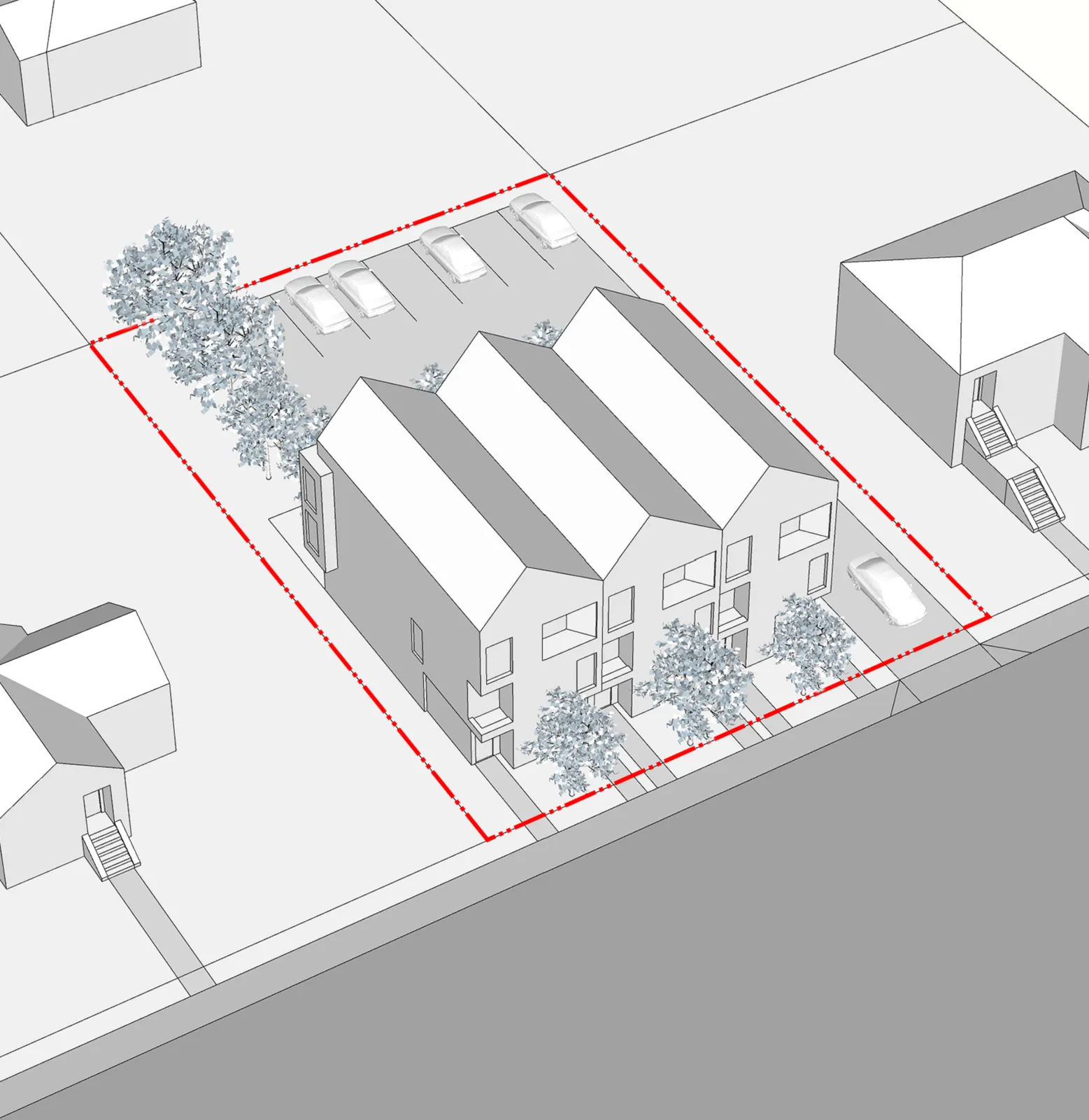 3D architectural rendering of three stacked townhouse buildings on a medium lot.