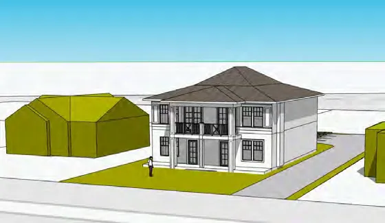 3D architectural rendering showing a proposed SSMUH compliant house-plex building situated on a residential lot with adjacent houses, highlighting the building's scale relative to the neighbourhood.