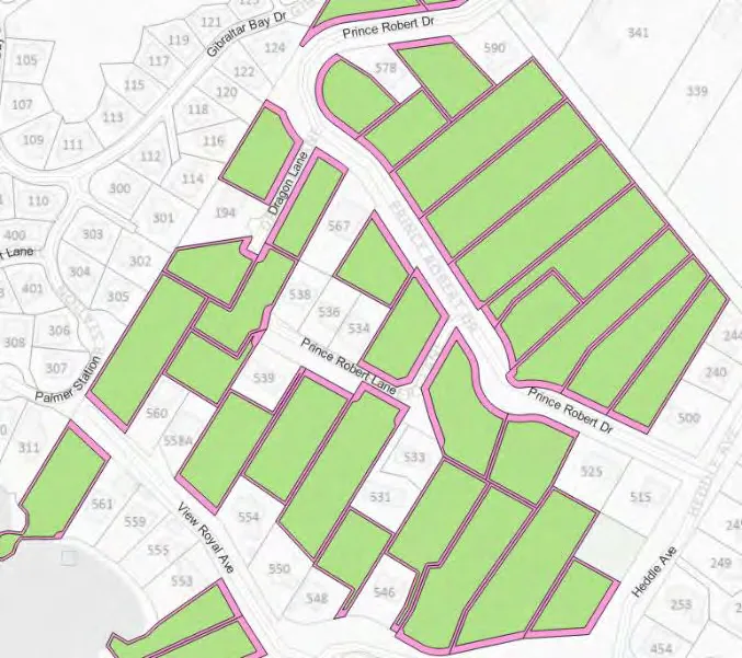 Map showing several residential lots with light green shading indicating the buildable area on each lot after standard setbacks are applied.