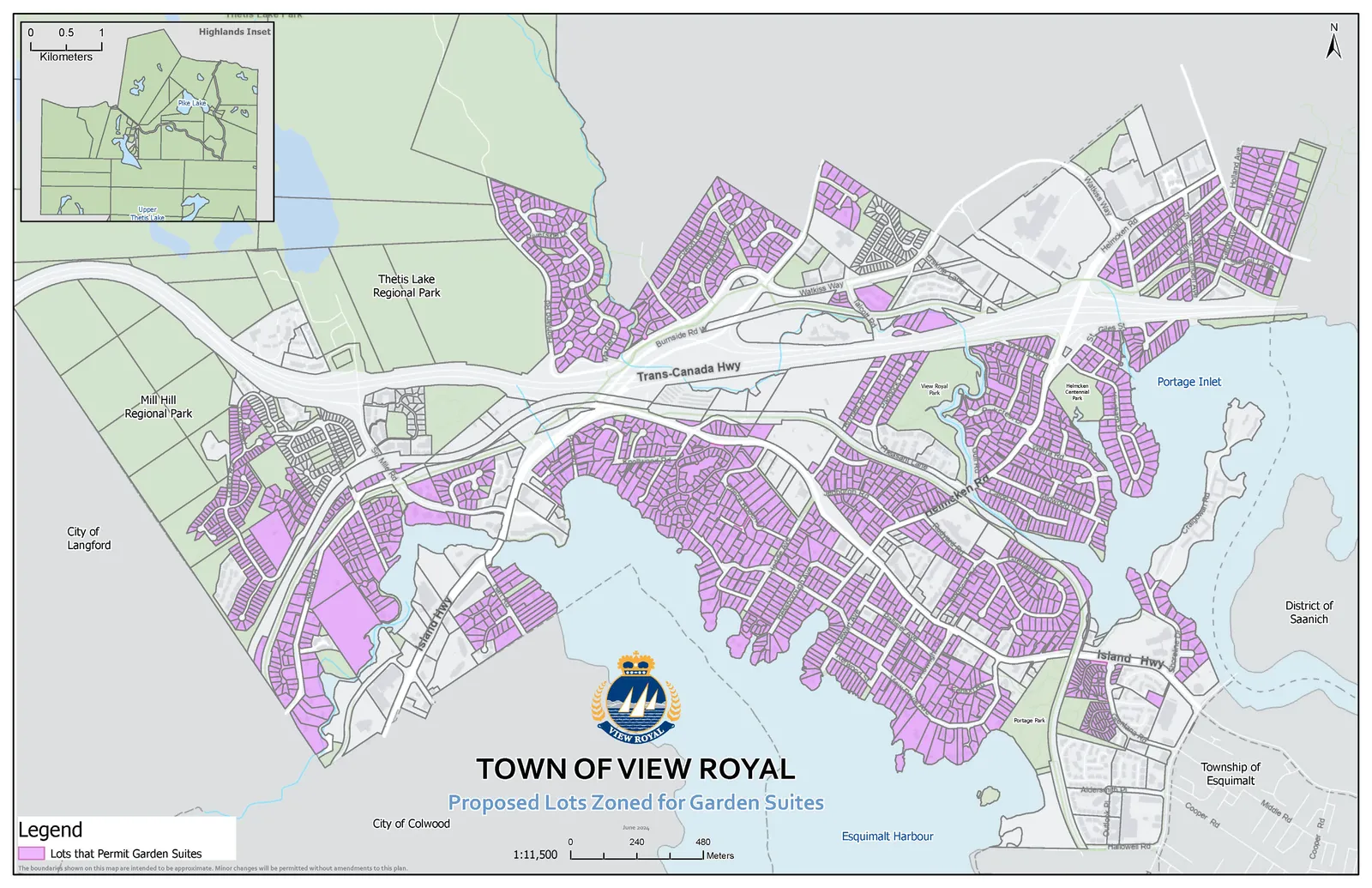 Map of proposed lots zoned for Garden Suites in the Town of View Royal