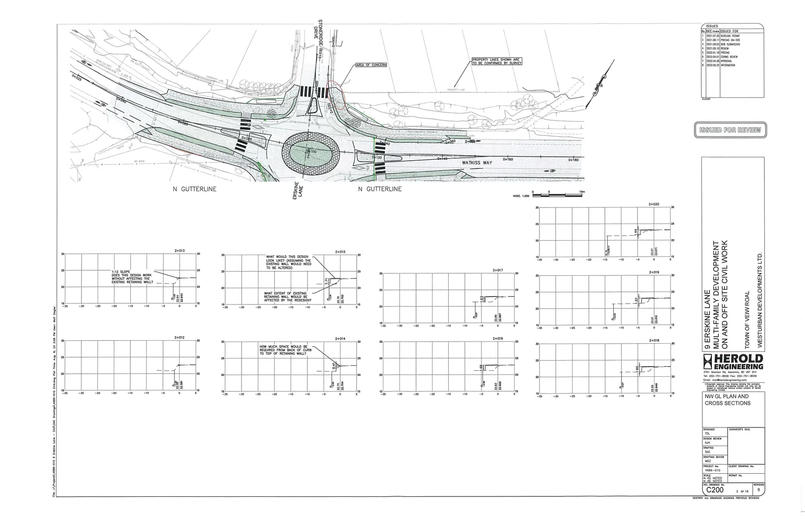 Civil engineering plan view and cross-sections of the proposed roundabout and roadway widening at Stoneridge Drive and Watkiss Way.