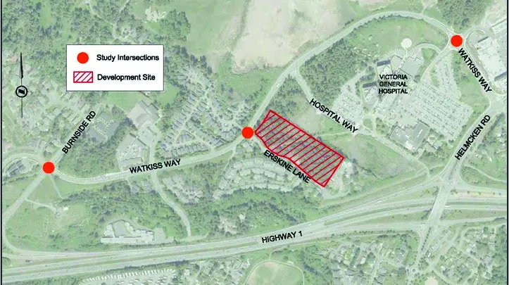 Map showing study intersections and development site location