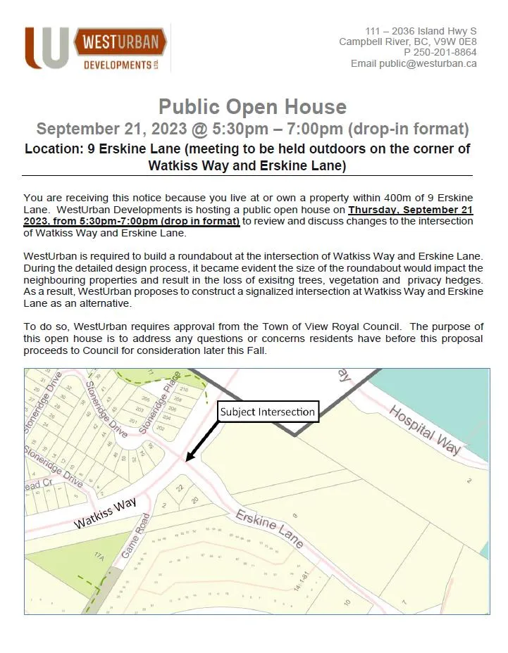 Map of Subject Intersection at Watkiss Way and Erskine Lane