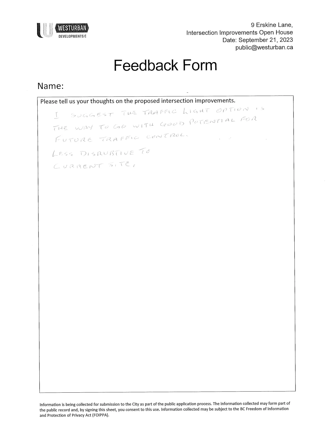 Feedback form suggesting traffic light option