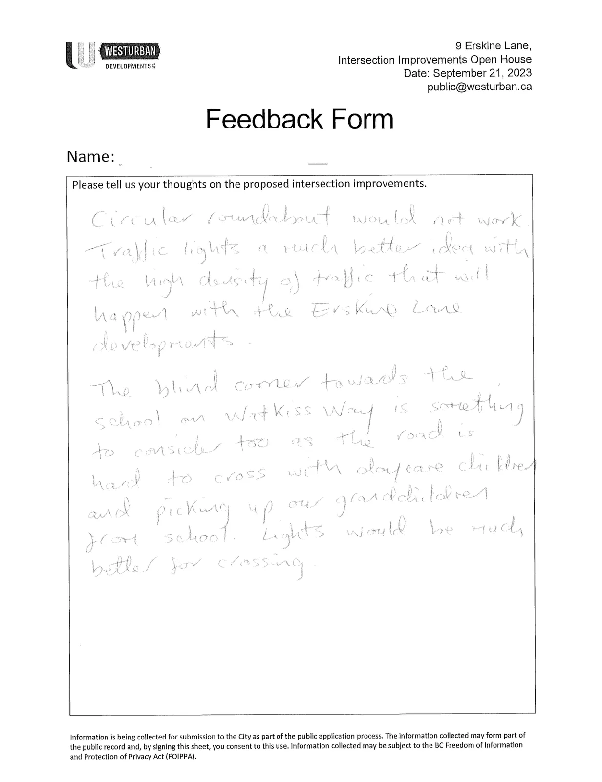 Feedback form discussing roundabout vs traffic lights and safety