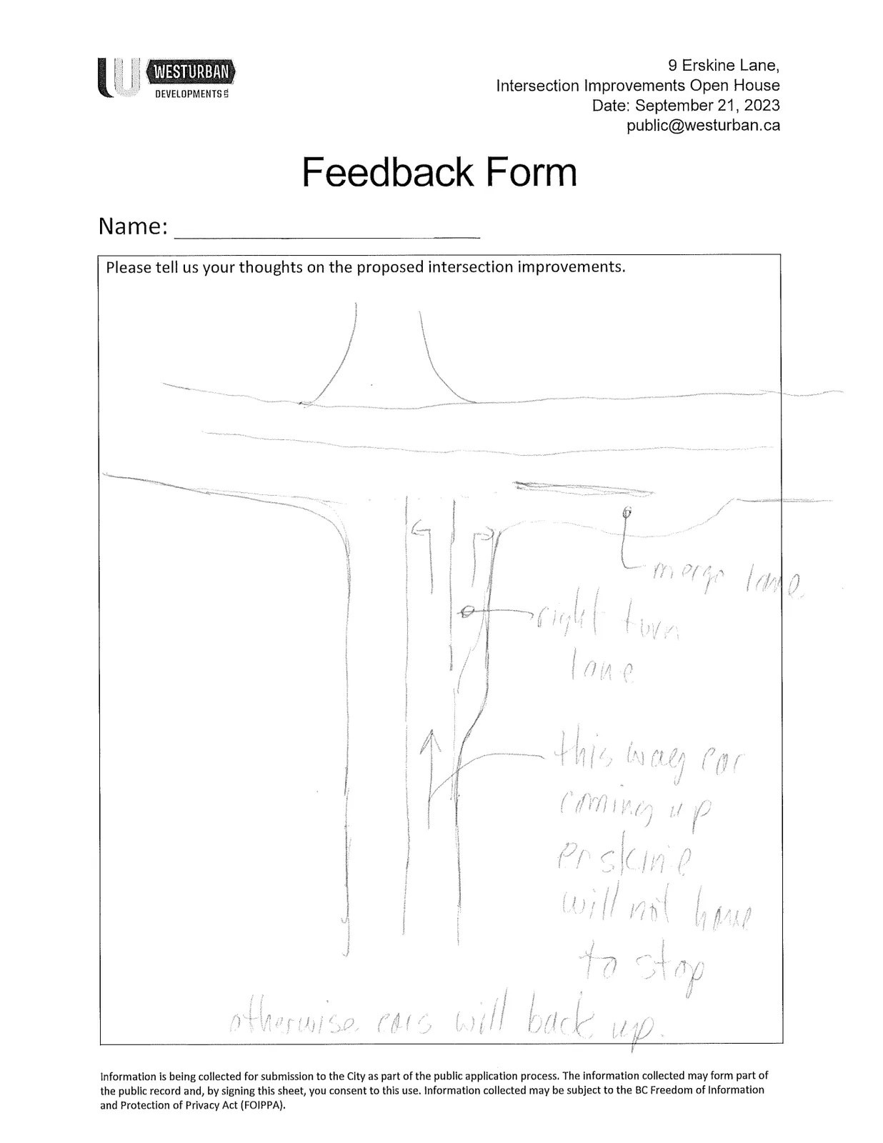 Hand-drawn diagram of intersection showing lanes and notes