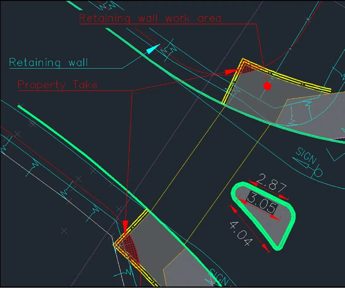 CAD diagram showing property take and retaining wall work area requirements