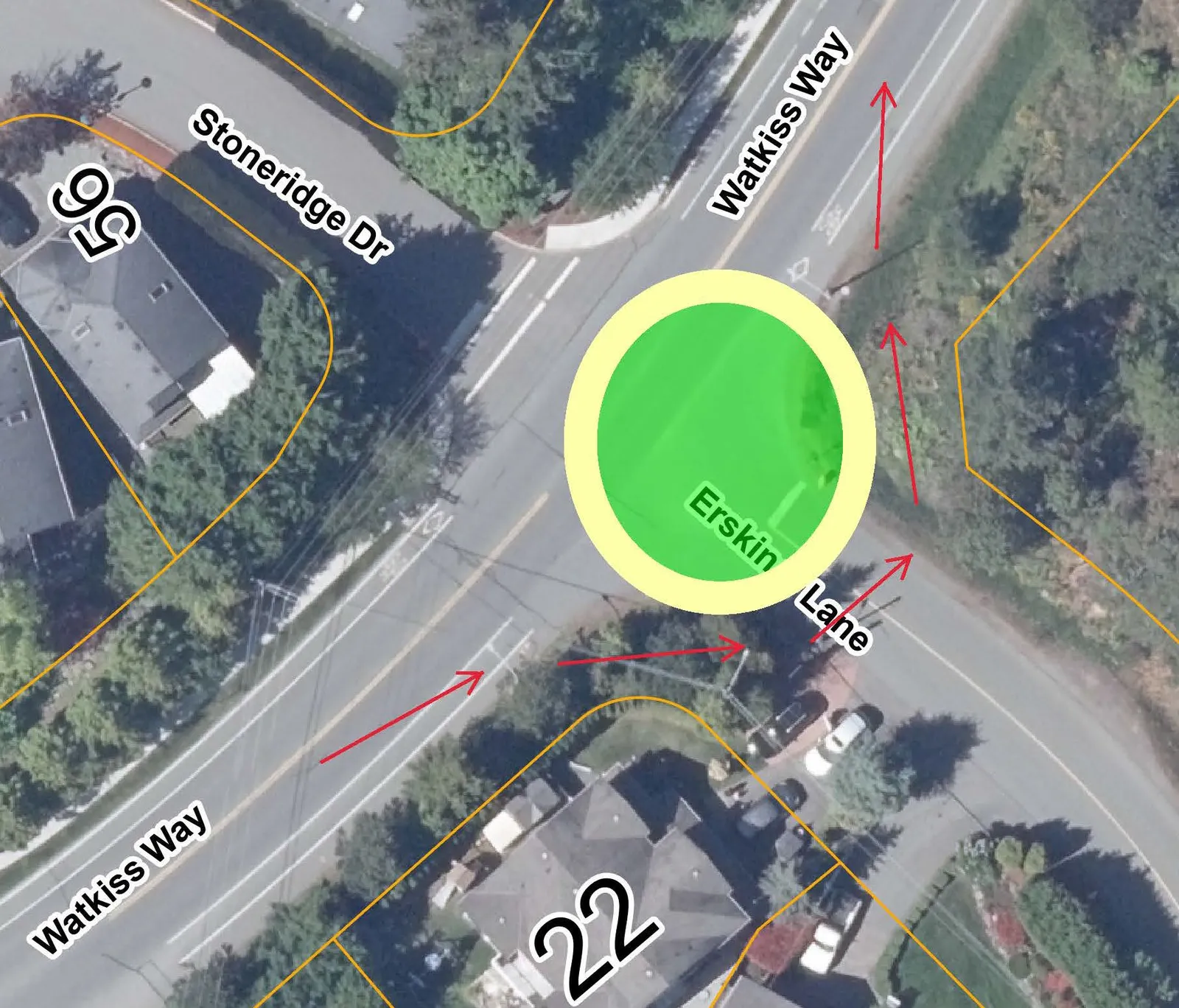 Aerial map illustrating the impacts of shifting the roundabout away from Stoneridge Drive