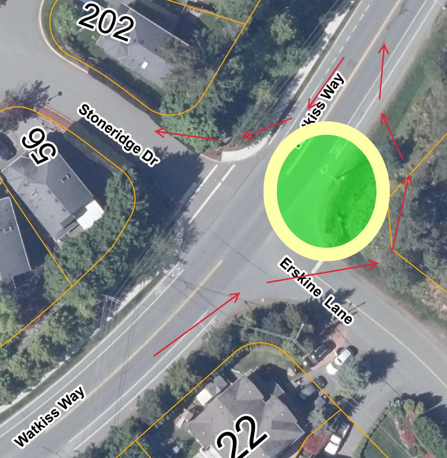 Aerial map illustrating the impacts of shifting the roundabout northeast towards property #202