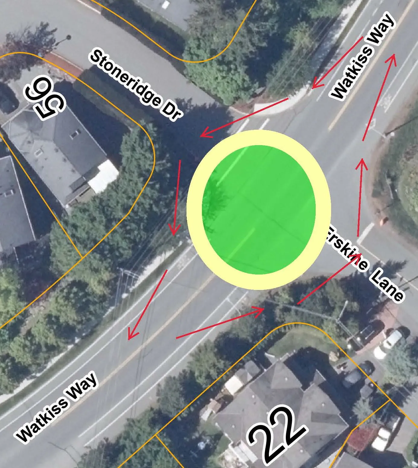 Aerial map illustrating the impacts of shifting the roundabout southwest towards properties #56 and #22