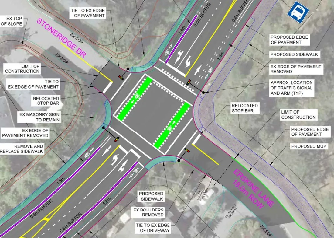 Technical drawing showing the design elements for the proposed signalized intersection