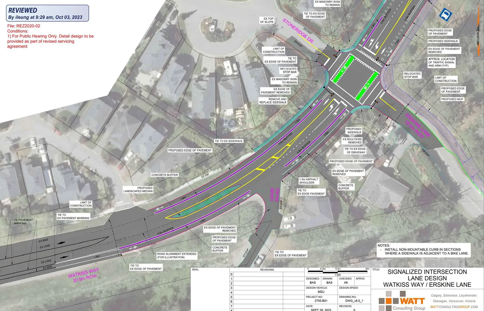 Detailed technical site plan of the proposed signalized intersection lane design at Watkiss Way and Erskine Lane