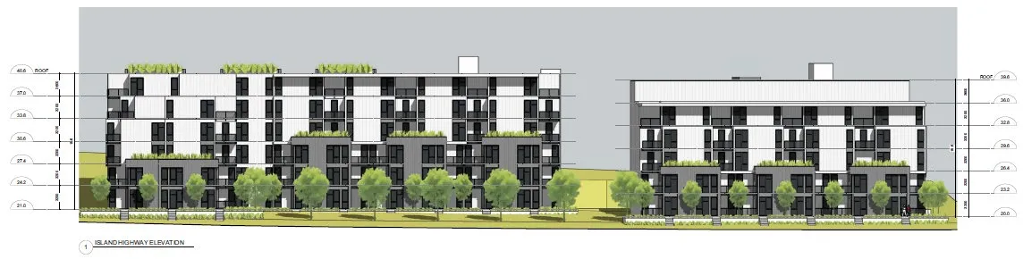 Digital elevation drawing showing the building façade facing Island Highway with floor levels indicated.