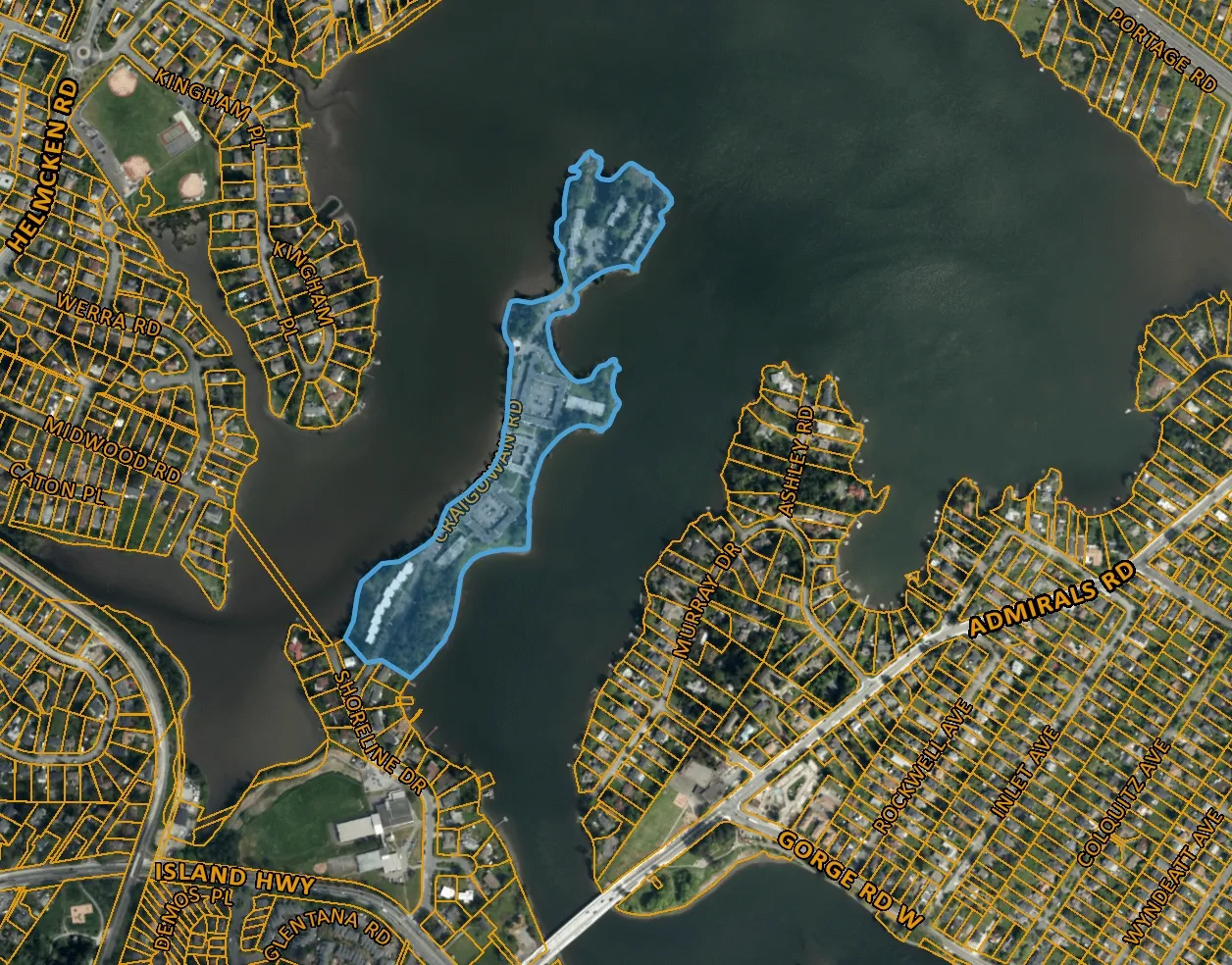 Aerial orthophoto map of Christie Point, highlighting the subject property at 2951 Craigowan Rd in blue, with surrounding streets including Shoreline Dr, Gorge Rd W, and Admirals Rd.