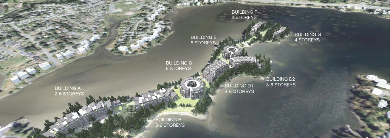 Aerial rendering of proposed buildings A through G