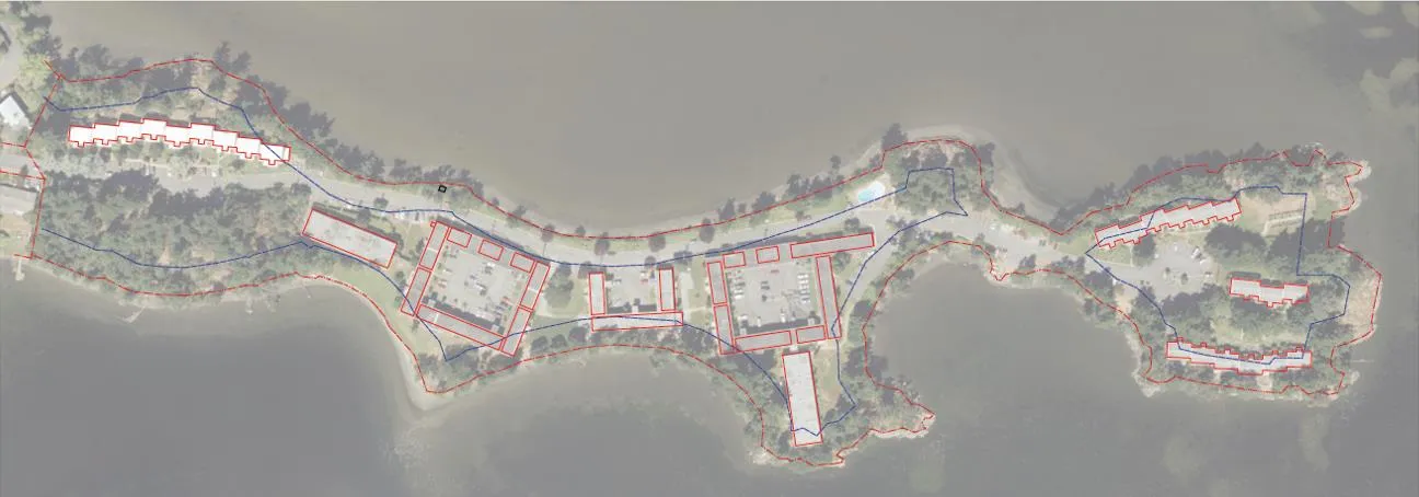 Aerial view of building footprints and setbacks