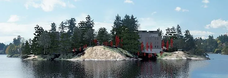 Zoom detail of Portage Inlet Linear Park view at 20 years, with new trees highlighted in red for clarity