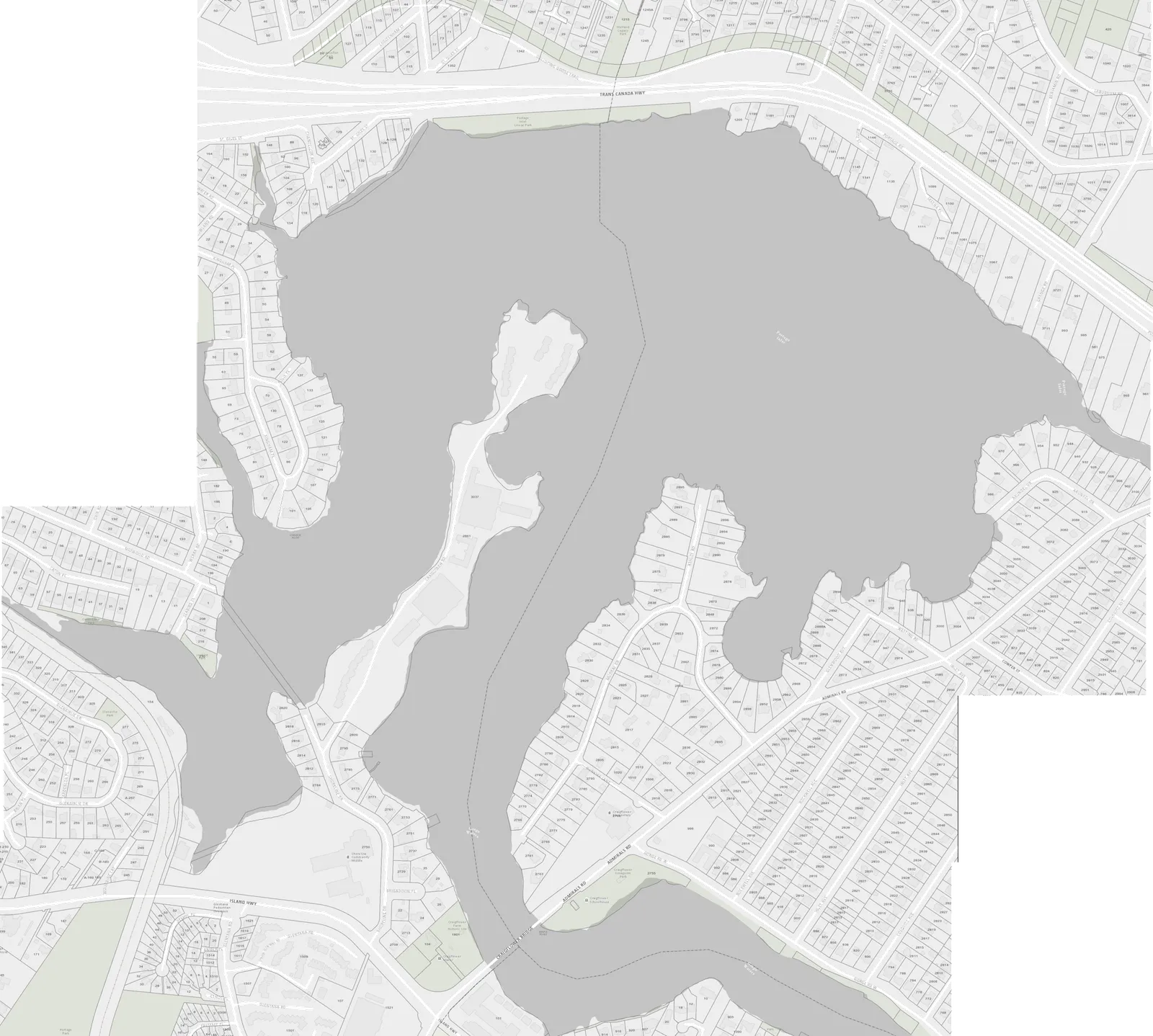 Waterfront View Analysis map showing Christie Point and surrounding properties with concentric distance rings at 500' (150m), 1000' (305m), and 1500' (460m). The map includes markers for Portage Inlet Linear Park, Craigflower Bridge, Seabird Park, and the E&N Rail Trail.