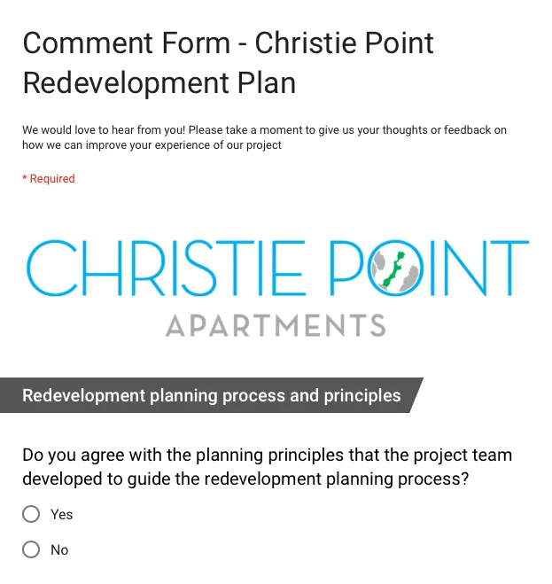 Online comment form screenshot