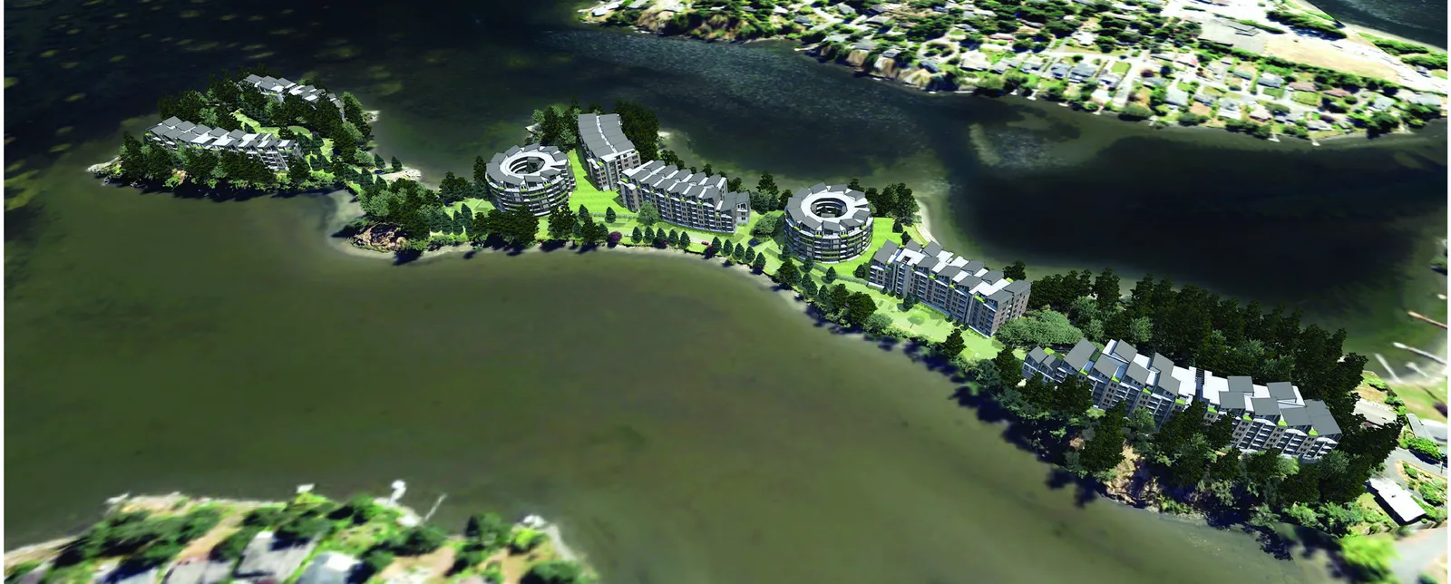 Aerial rendering of the proposed Christie Point redevelopment buildings on a peninsula