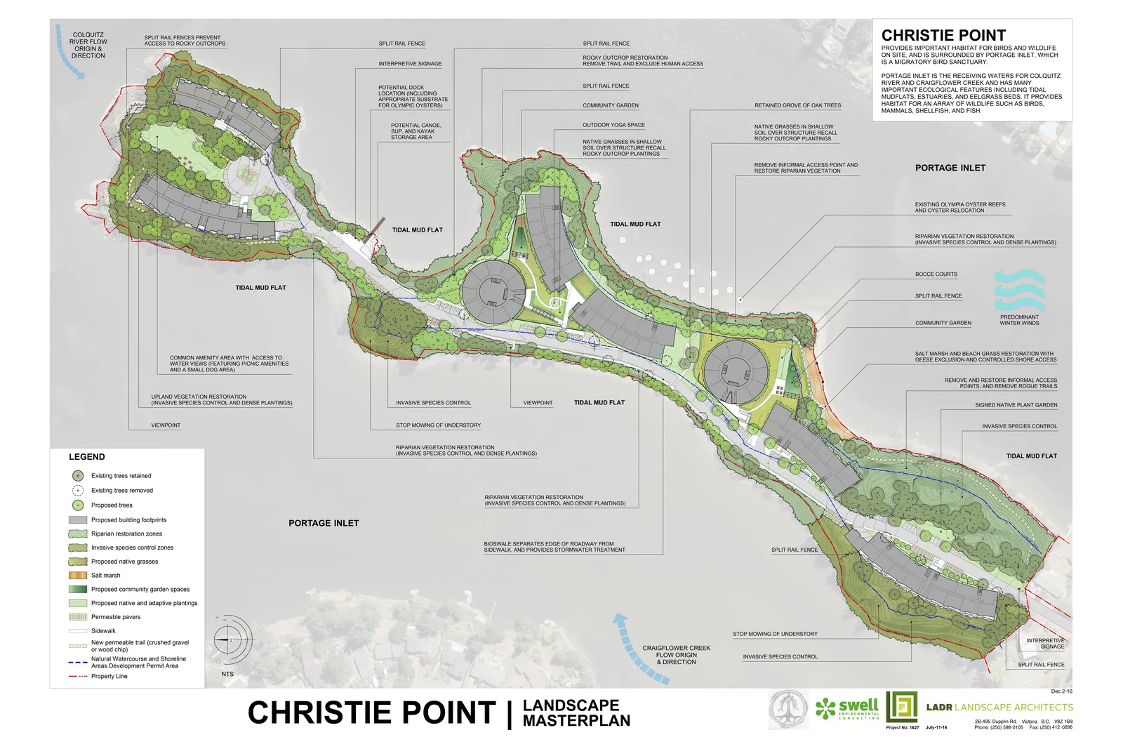 Landscape masterplan map of Christie Point illustrating ecological restoration zones, proposed building footprints, and community amenities.
