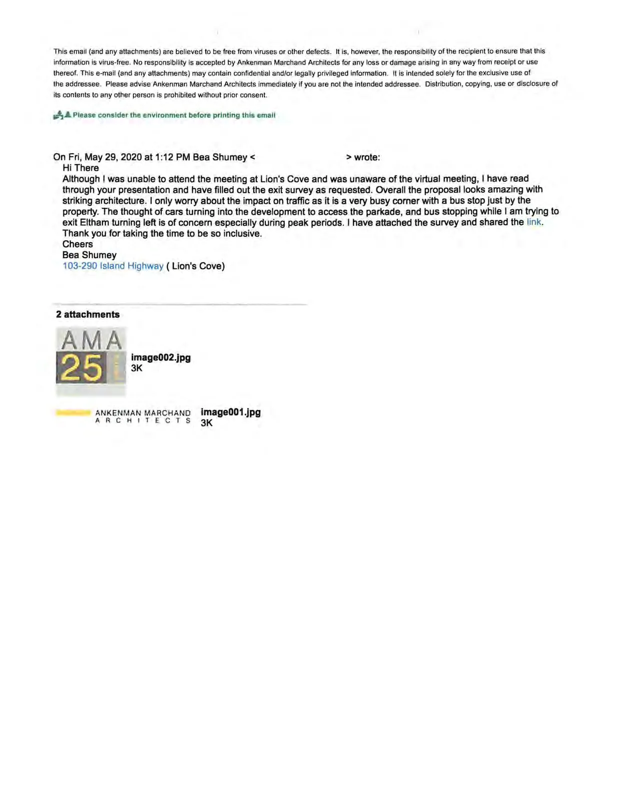 Forwarded email from Bea Shumey