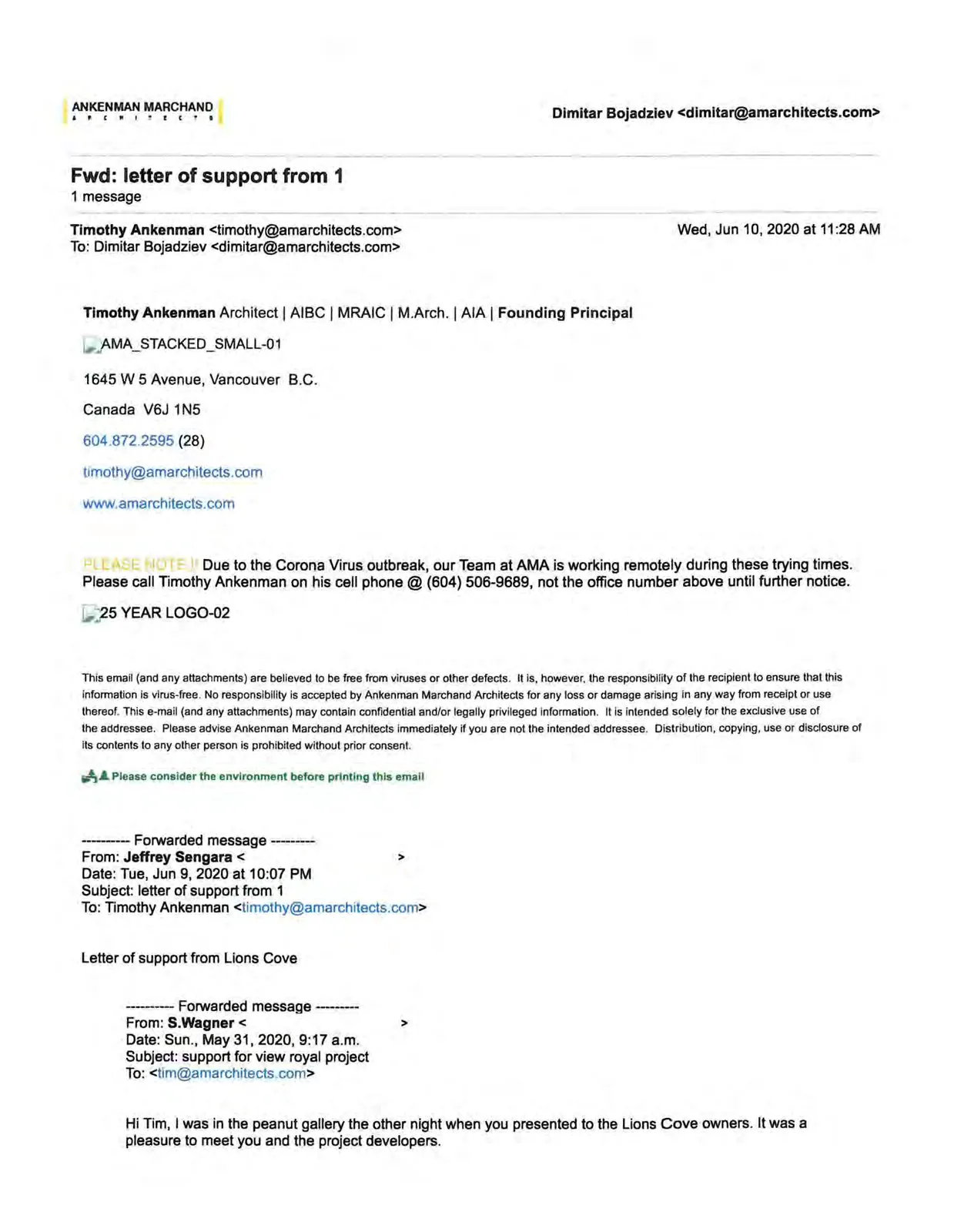 Email from Timothy Ankenman forwarding support from Sandy Wagner