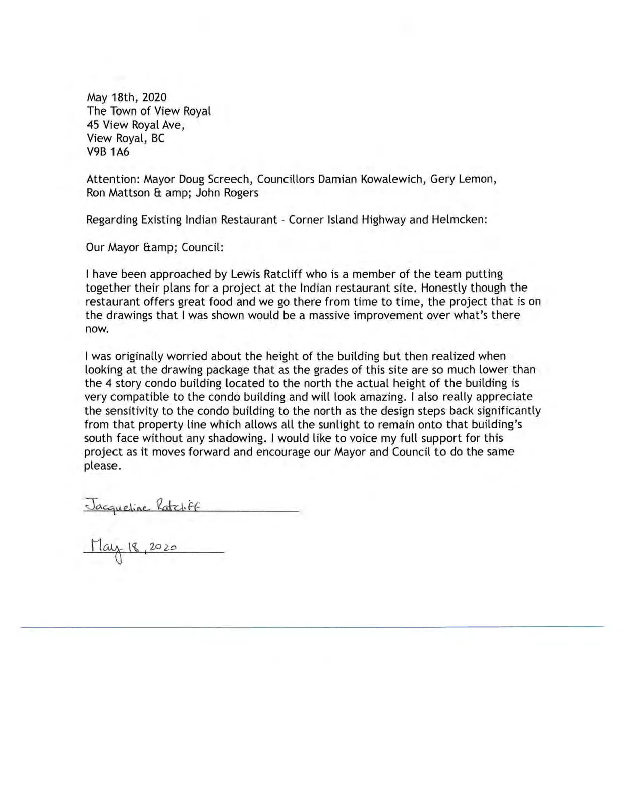 Letter of support from Jacqueline Ratcliff